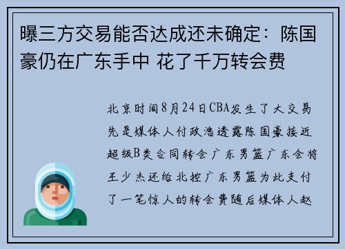 曝三方交易能否达成还未确定：陈国豪仍在广东手中 花了千万转会费